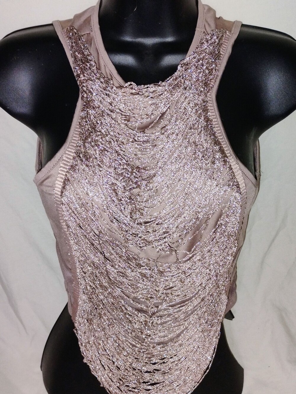 SHEIN Taupe Metallic Beaded Sleeveless Crop Top